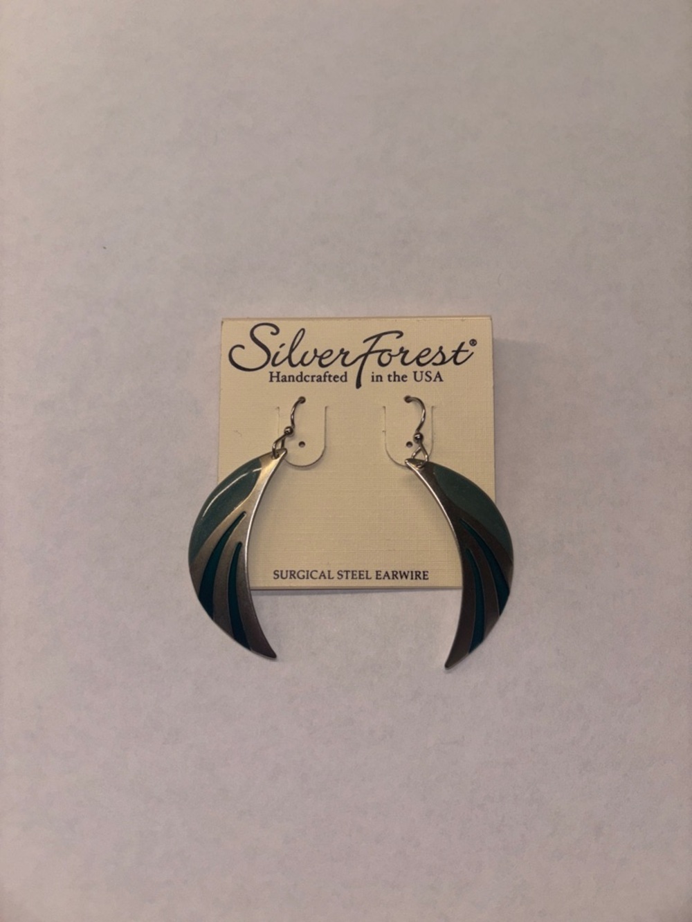 Silver Forest Teal and Silver Curved Drop Earrings